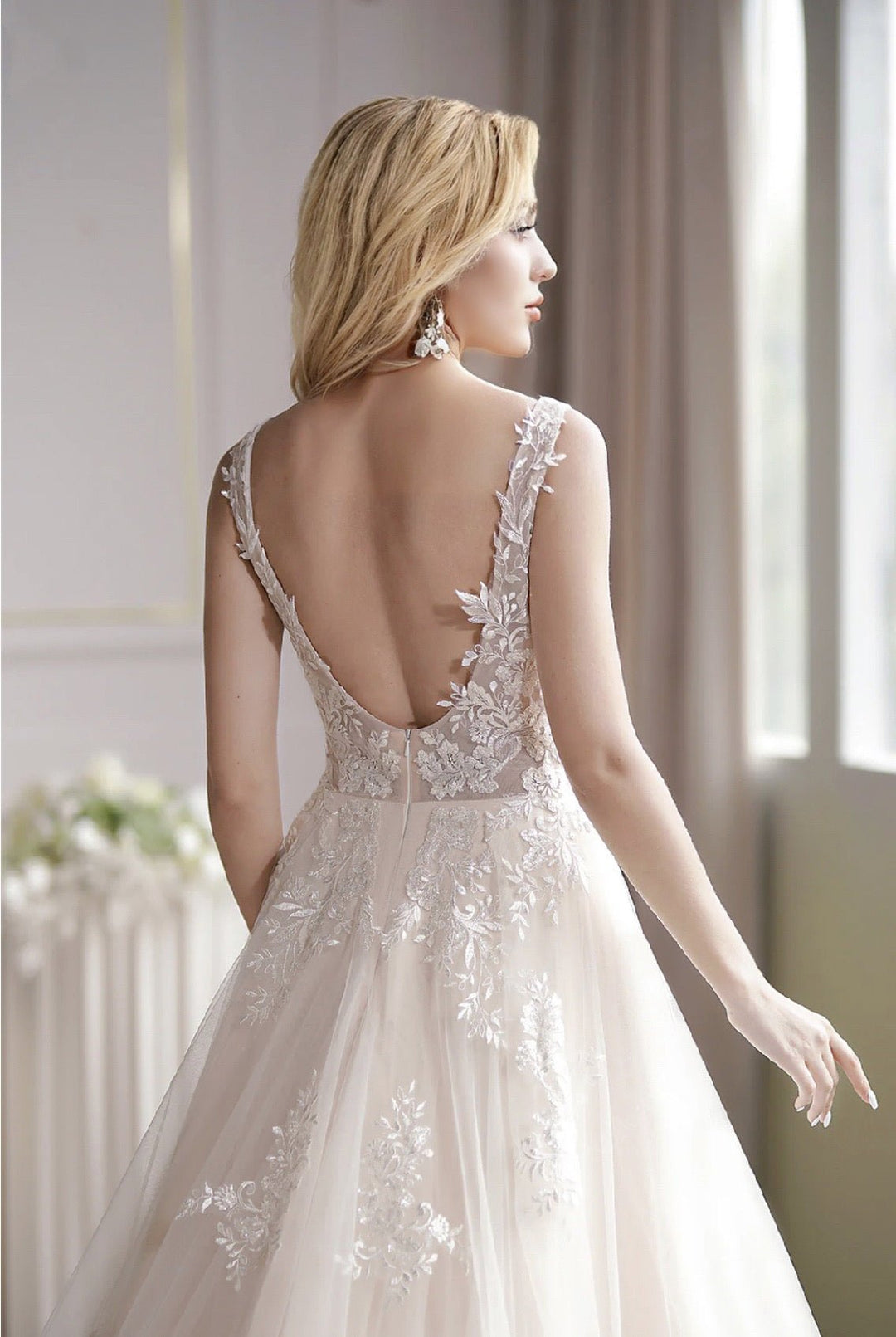 V-Neck Sleeveless Tulle Ball Gown With Embroidered Appliqués Bridal Dress - WonderlandByLilian