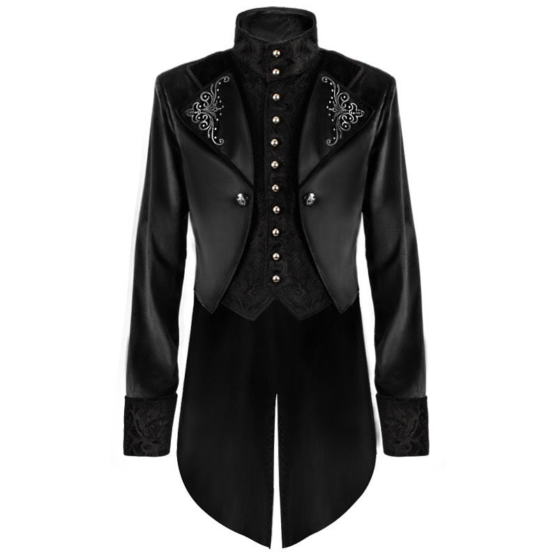 Victorian Long-Tailed Tuxedo Two Piece - Embroidered High Collar Velve ...