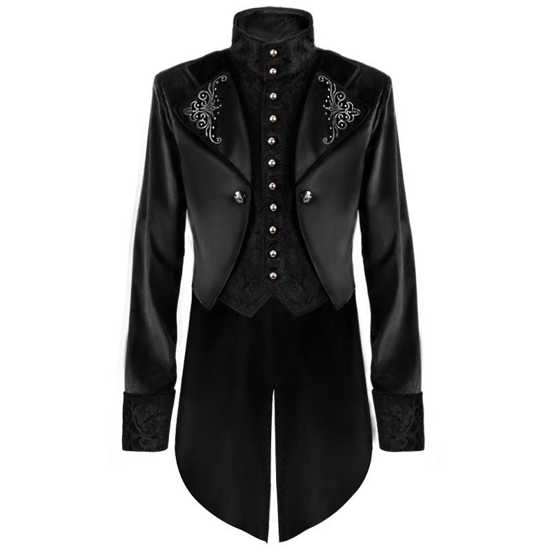 Victorian Long-Tailed Tuxedo Two Piece - Embroidered High Collar Velvet Suit For Men -Plus Size - WonderlandByLilian