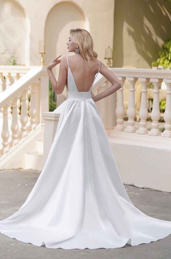 Vintage A-Line Satin V- Neck Light Ivory Timeless Ball Gown With Pockets - Plus Size - WonderlandByLilian