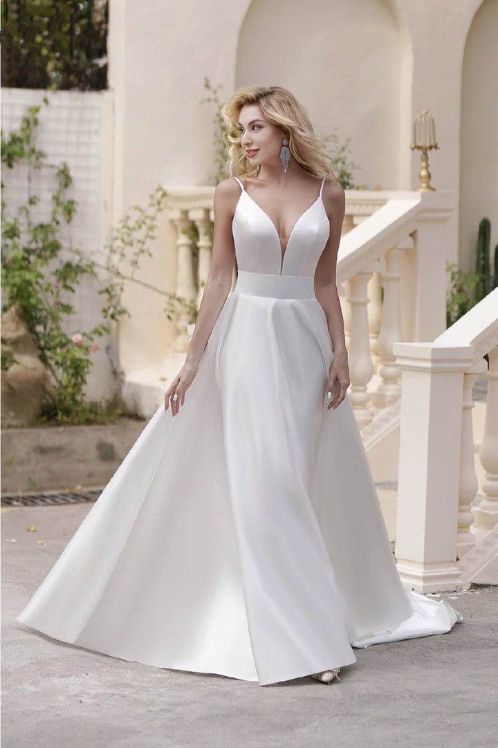 Vintage A-Line Satin V- Neck Light Ivory Timeless Ball Gown With Pockets - Plus Size - WonderlandByLilian