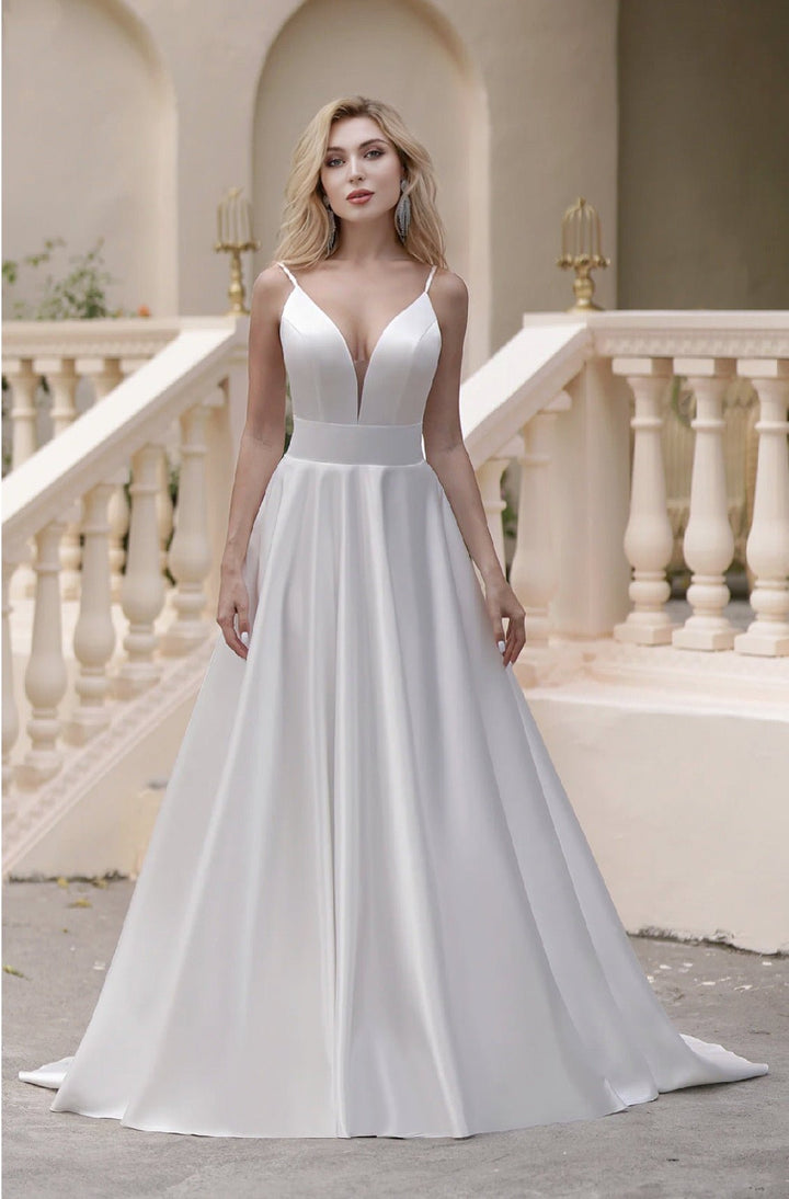 Vintage A-Line Satin V- Neck Light Ivory Timeless Ball Gown With Pockets - Plus Size - WonderlandByLilian