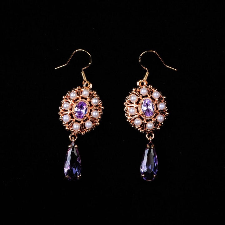 Vintage Baroque Purple Gemstones Earrings - Precious Stone Pearl Crystals for Women Regency Era Style - French Jewelry - WonderlandByLilian