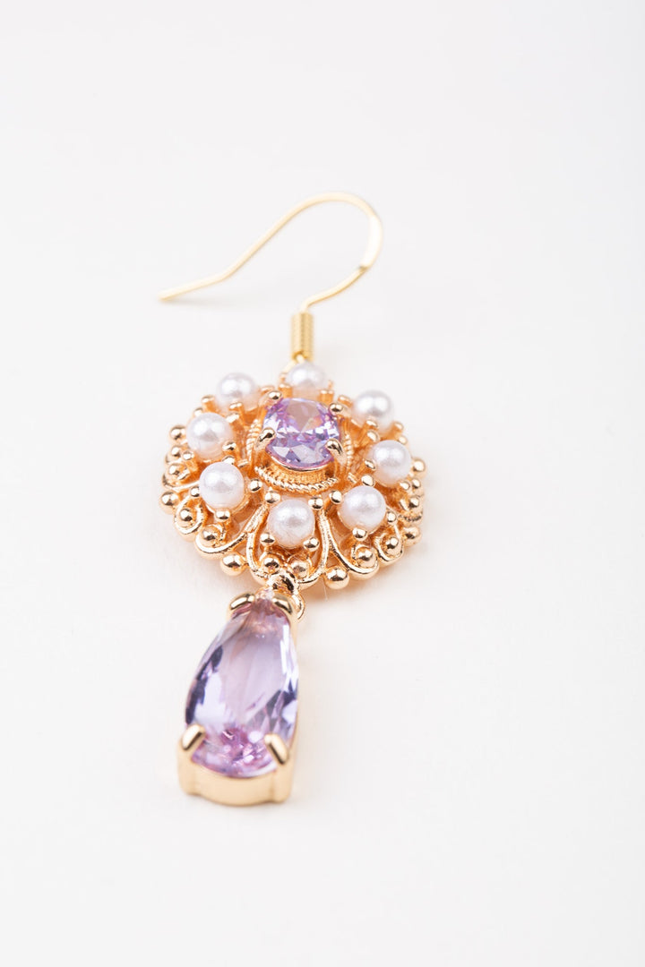 Vintage Baroque Purple Gemstones Earrings - Precious Stone Pearl Crystals for Women Regency Era Style - French Jewelry - WonderlandByLilian
