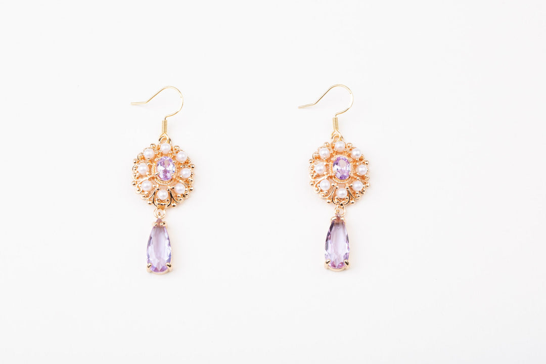 Vintage Baroque Purple Gemstones Earrings - Precious Stone Pearl Crystals for Women Regency Era Style - French Jewelry - WonderlandByLilian