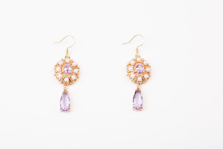 Vintage Baroque Purple Gemstones Earrings - Precious Stone Pearl Crystals for Women Regency Era Style - French Jewelry - WonderlandByLilian