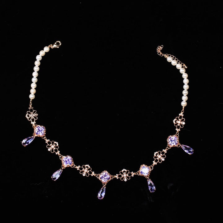 Vintage Baroque Purple Gemstones Necklace - Precious Stone Pearl Crystals for Women Regency Era Style - French Jewelry Bridgerton Inspired Regency Era Pearl Necklace Purple - WonderlandByLilian