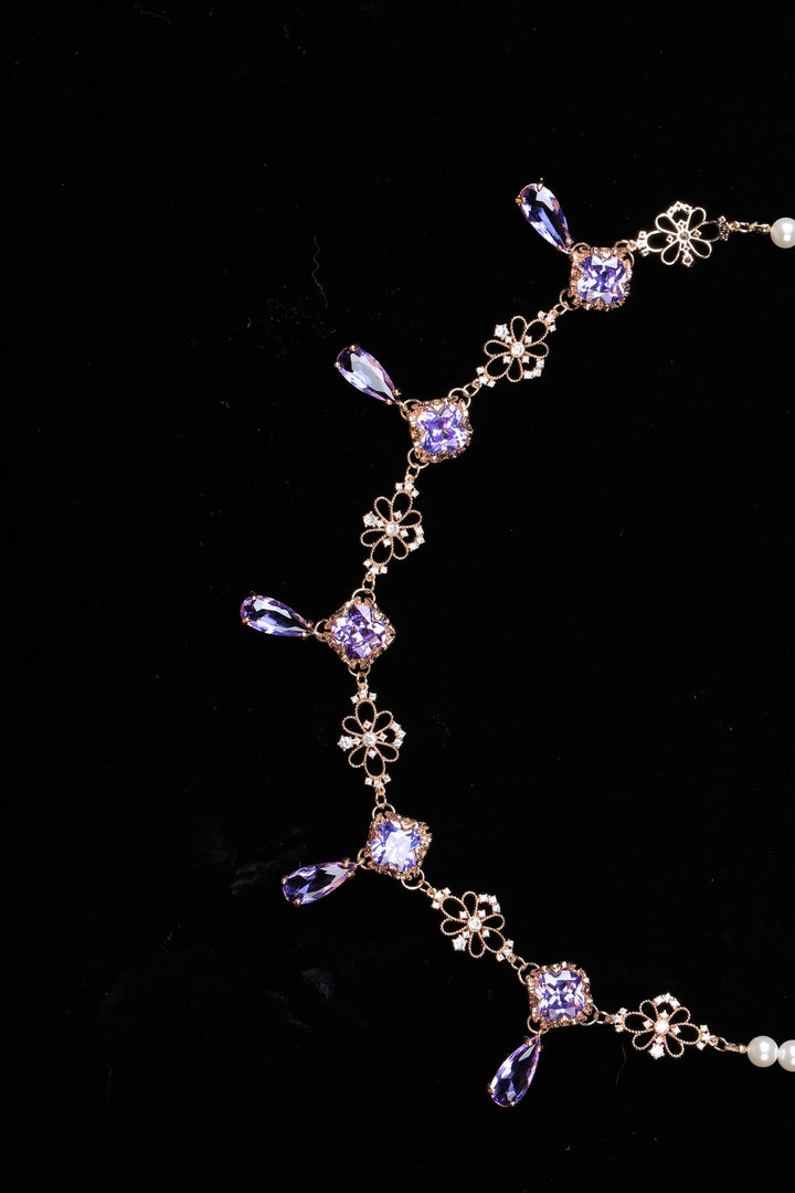 Vintage Baroque Purple Gemstones Necklace - Precious Stone Pearl Crystals for Women Regency Era Style - French Jewelry Bridgerton Inspired Regency Era Pearl Necklace Purple - WonderlandByLilian