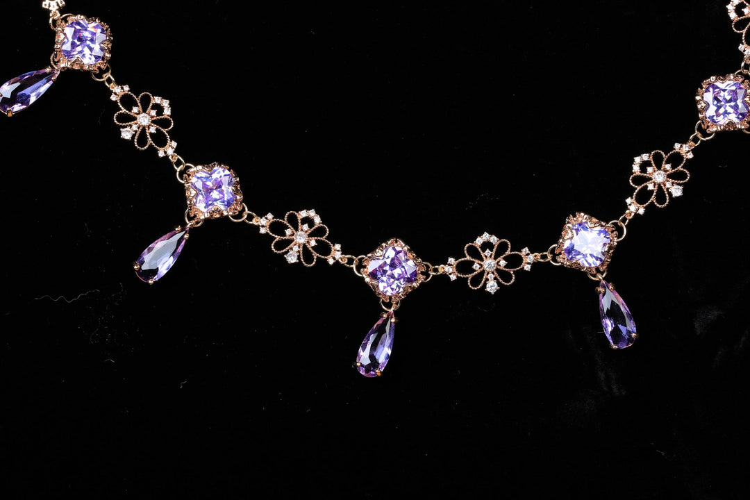 Vintage Baroque Purple Gemstones Necklace - Precious Stone Pearl Crystals for Women Regency Era Style - French Jewelry Bridgerton Inspired Regency Era Pearl Necklace Purple - WonderlandByLilian