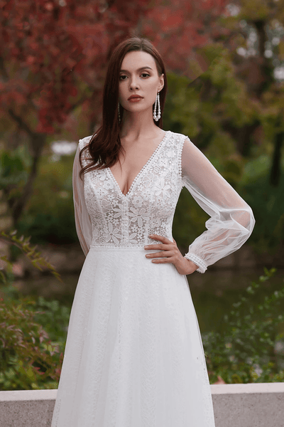 Vintage Boho Lace Embroidery Light Ivory A-Line V Neck Wedding Dresses With Long Sleeves - WonderlandByLilian