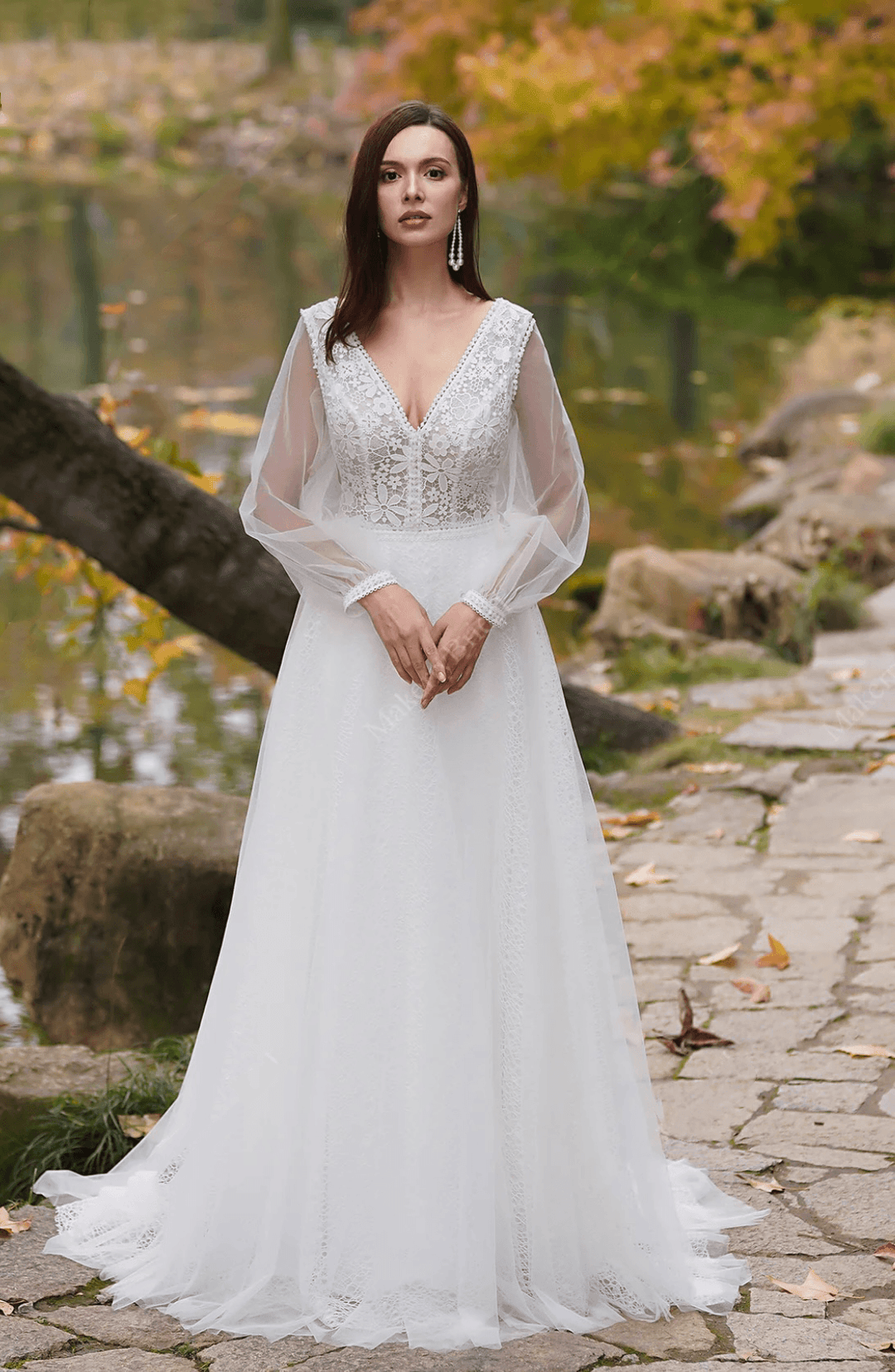 Vintage Boho Lace Embroidery Light Ivory A-Line V Neck Wedding Dresses With Long Sleeves - WonderlandByLilian
