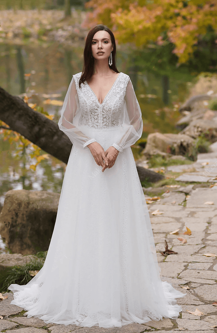 Vintage Boho Lace Embroidery Light Ivory A-Line V Neck Wedding Dresses With Long Sleeves - WonderlandByLilian
