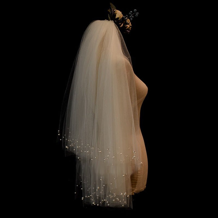 Vintage Bridal Blusher Veil With Pearl - Waltz Wedding Veil With Comb - WonderlandByLilian
