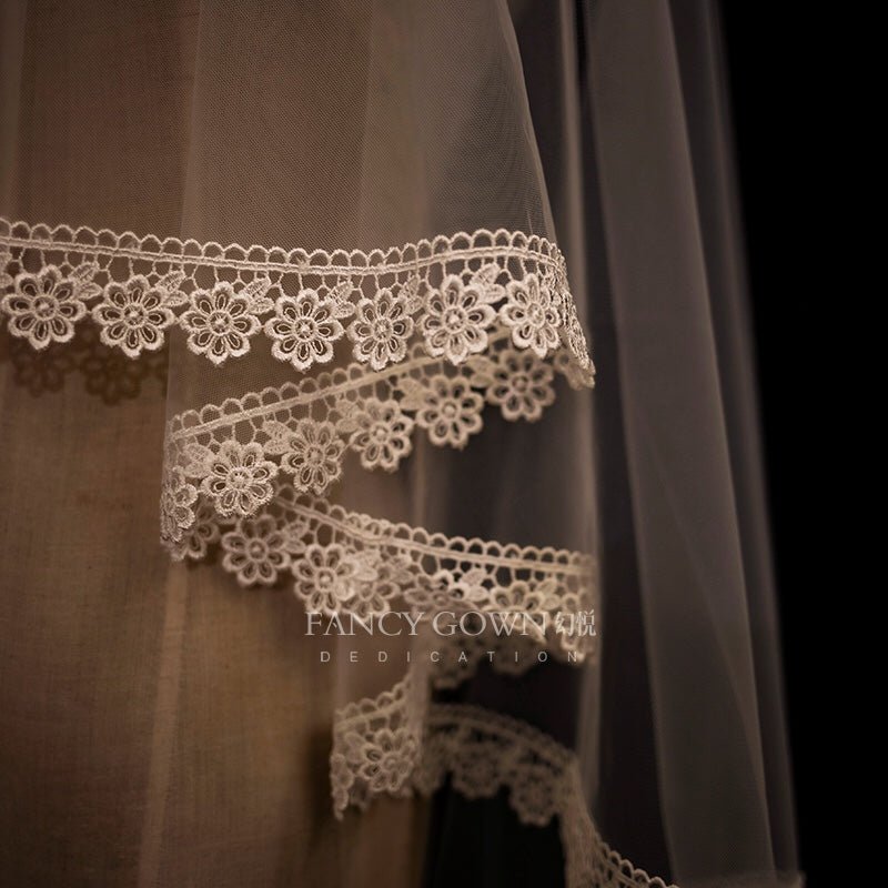 Vintage Fingertip Length Lace Edged Wedding Veil With Embroidery - WonderlandByLilian