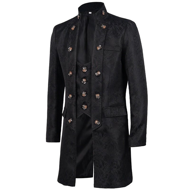 Vintage Gothic Medieval Black Jacquard Tailcoat For Men Jacket - Plus Size - WonderlandByLilian