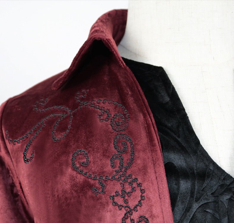 Vintage Gothic Medieval Tailcoat For Men - Velvet Embroidered Coat - Plus Size - WonderlandByLilian