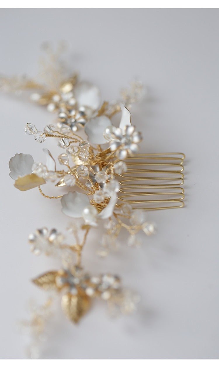 Vintage Head Piece Flower Hair Comb With Elegant Gold - WonderlandByLilian