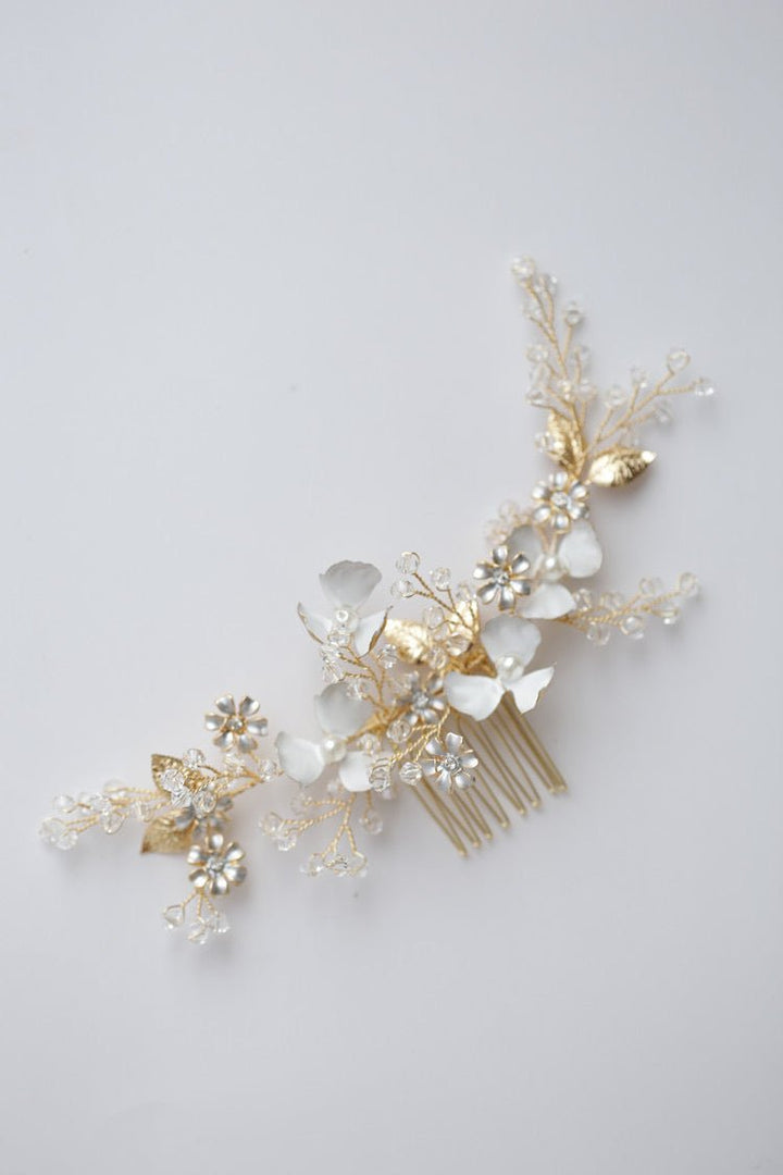 Vintage Head Piece Flower Hair Comb With Elegant Gold - WonderlandByLilian