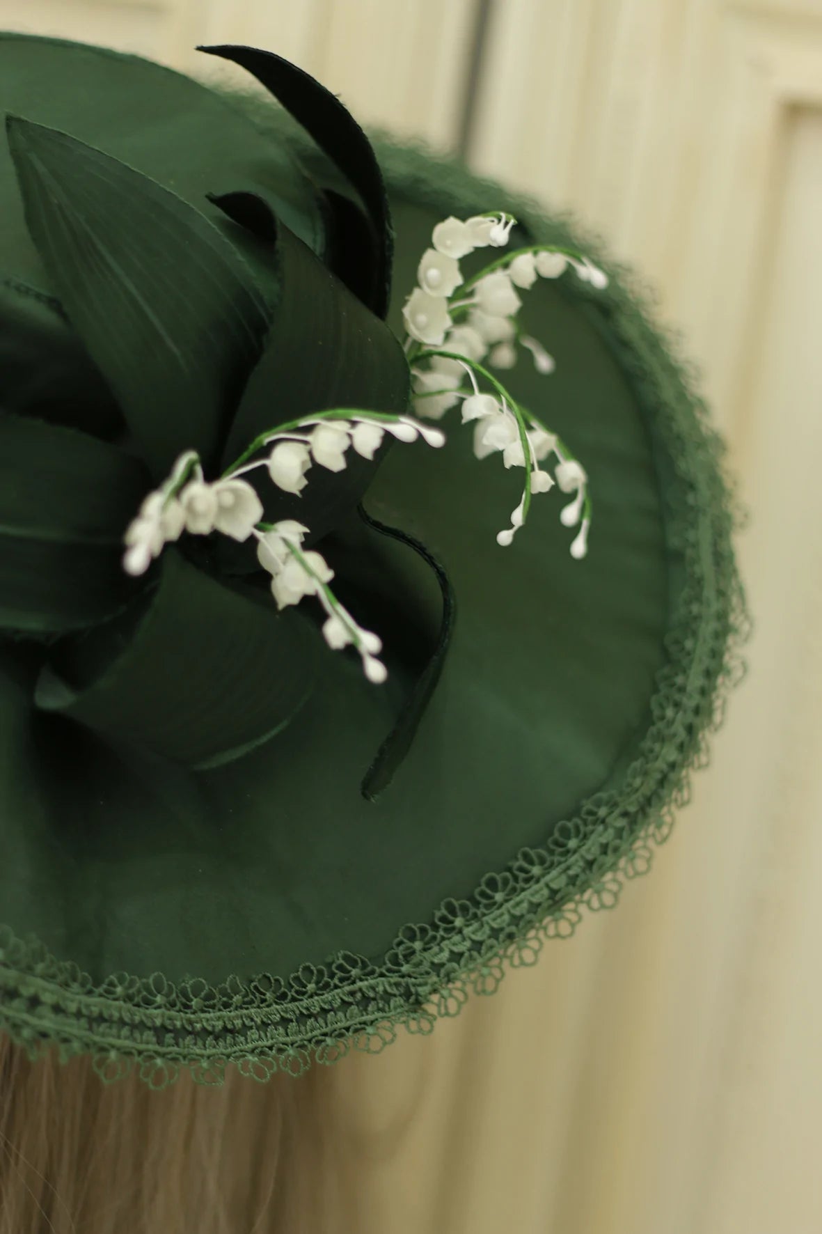 Vintage Inspired Floral Emerald Hat - lilies of the valley - WonderlandByLilian