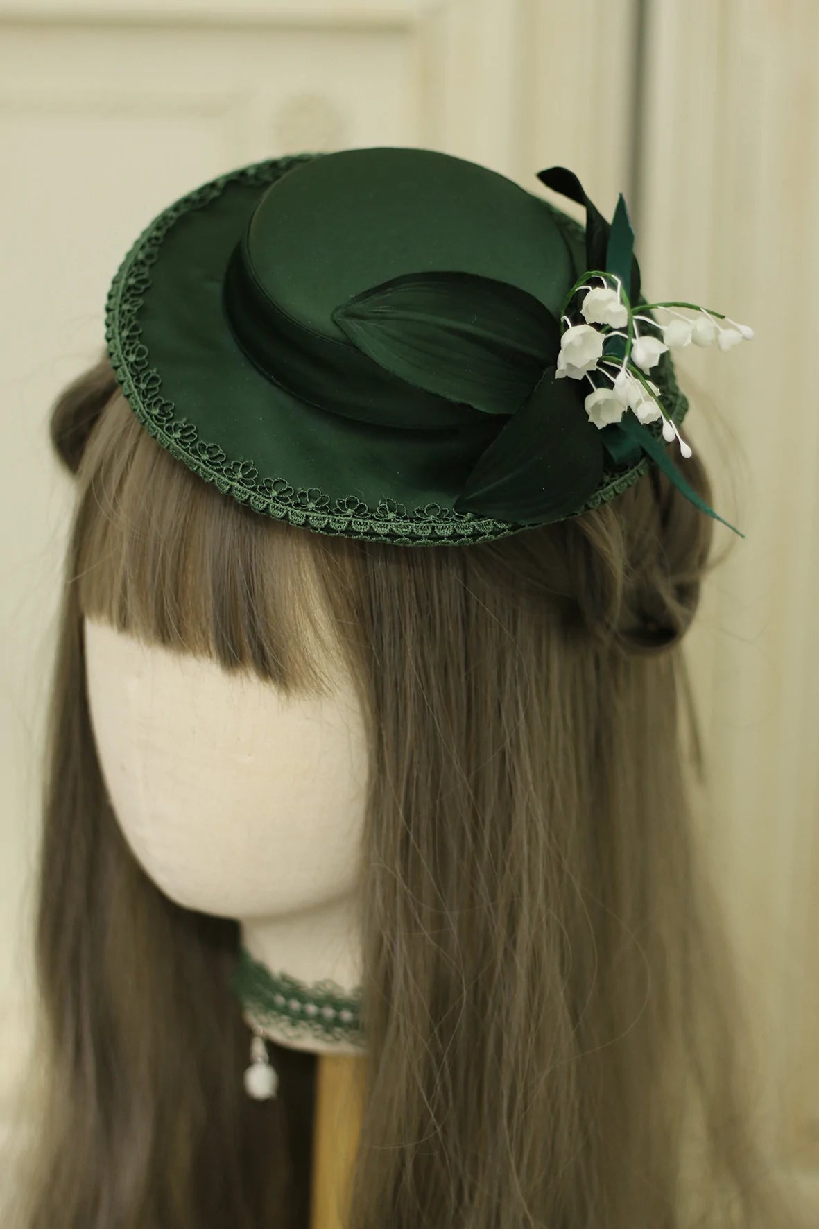 Vintage Inspired Floral Emerald Hat - lilies of the valley - WonderlandByLilian