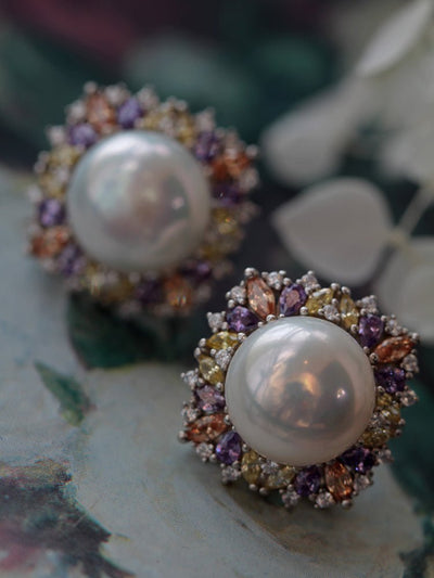 Vintage Inspired Fresh Water Pearl Earrings With Purple Crystal - 12mm Pearl - WonderlandByLilian