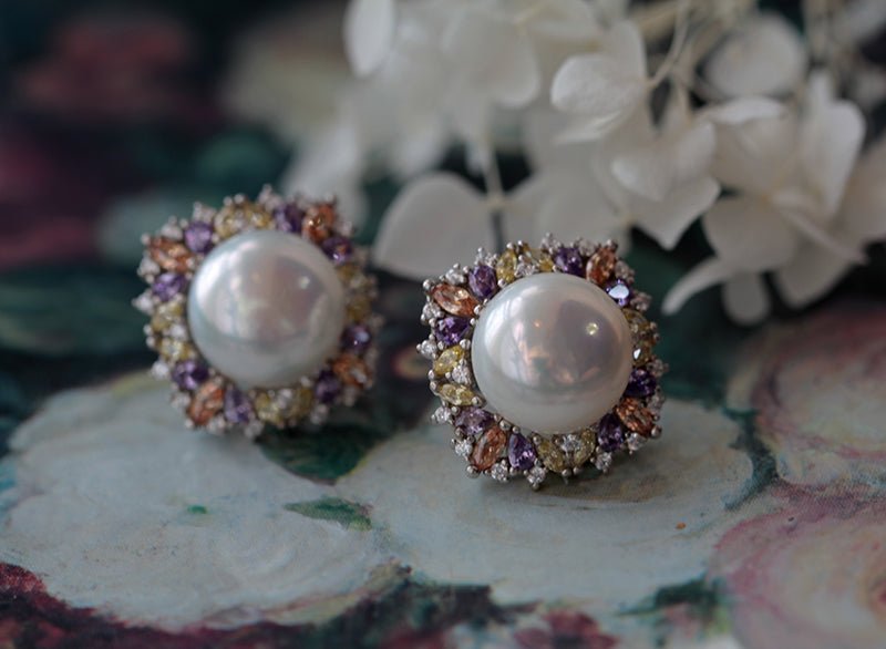Vintage Inspired Fresh Water Pearl Earrings With Purple Crystal - 12mm Pearl - WonderlandByLilian