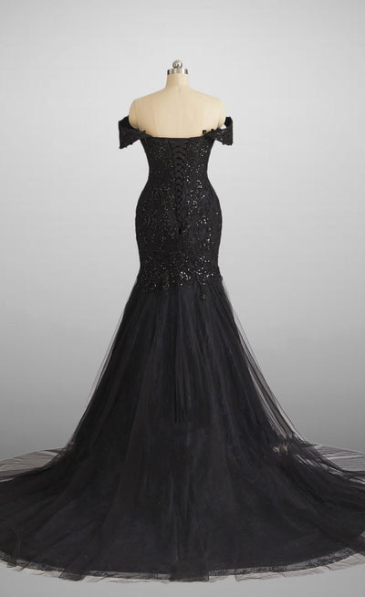 Vintage Inspired Gothic Black Lace Beaded Mermaid Wedding Dress Plus Size - WonderlandByLilian