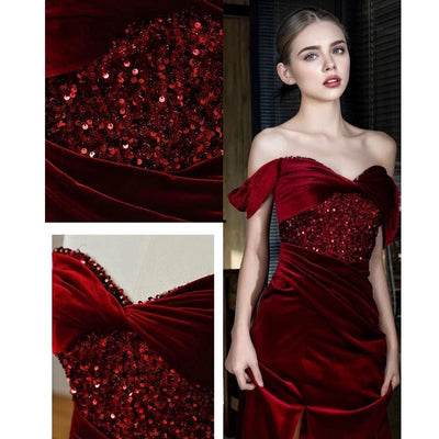 Vintage Inspired Off Shoulder Gothic Burgundy Beaded Velvet Formal Dress With High Slit - Plus Size - WonderlandByLilian