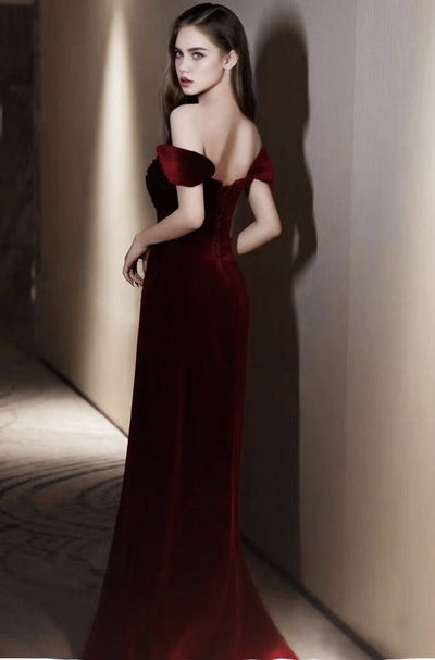 Vintage Inspired Off Shoulder Gothic Burgundy Beaded Velvet Formal Dress With High Slit - Plus Size - WonderlandByLilian