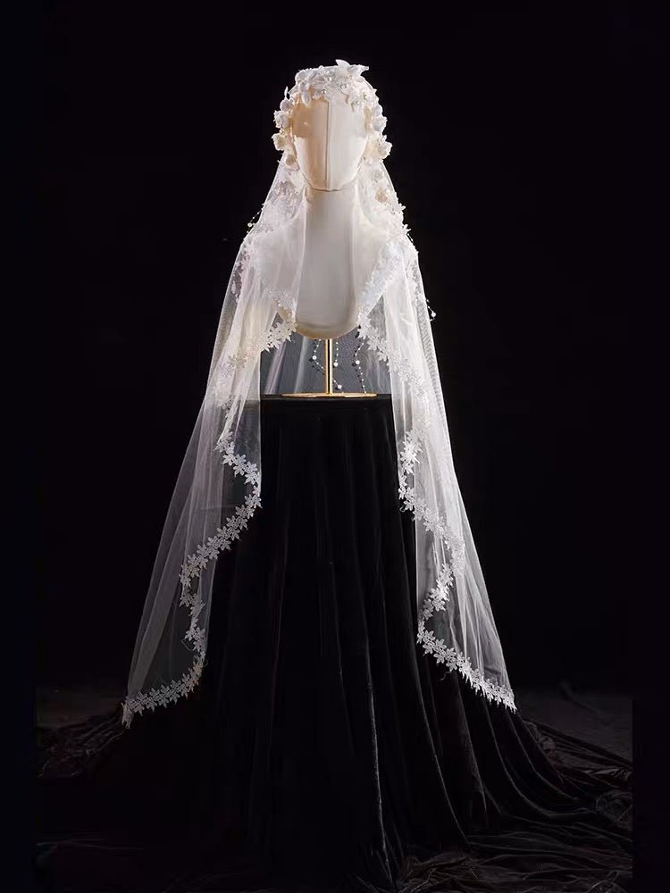 Vintage Long Wedding Lace Veils With Floral Headpieces - Antique Bridal Veil - WonderlandByLilian