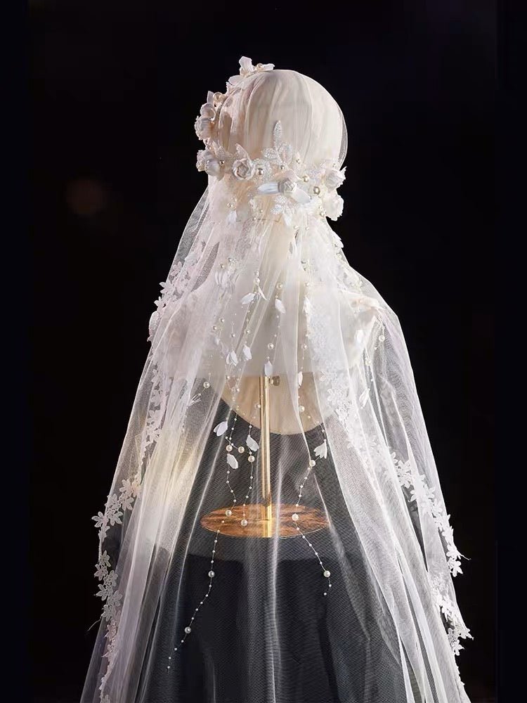 Vintage Long Wedding Lace Veils With Floral Headpieces - Antique Bridal Veil - WonderlandByLilian