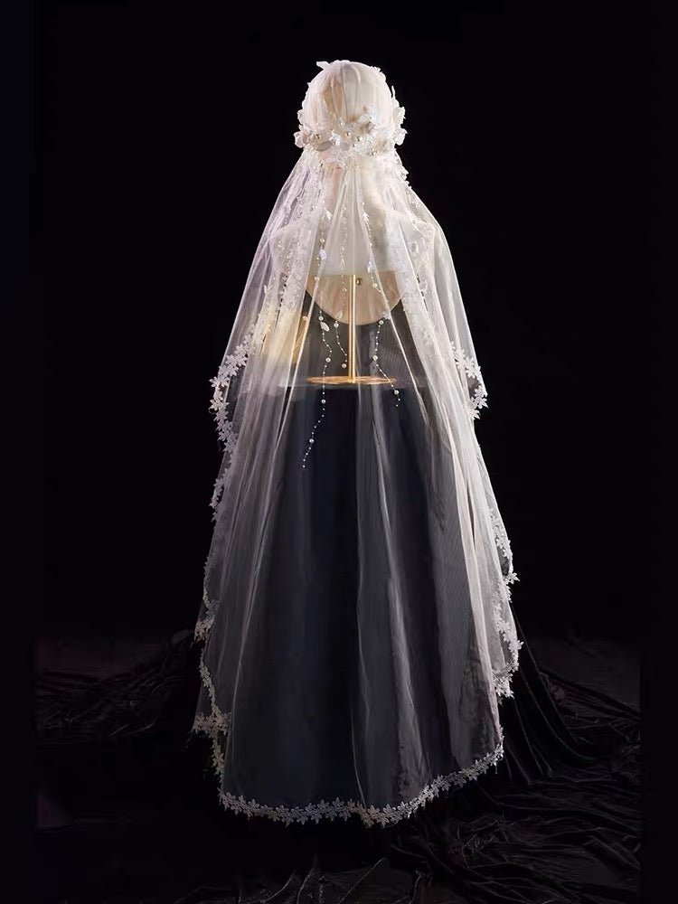 Vintage Long Wedding Lace Veils With Floral Headpieces - Antique Bridal Veil - WonderlandByLilian