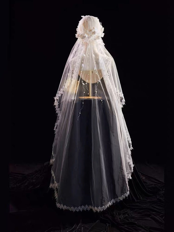 Vintage Long Wedding Lace Veils With Floral Headpieces - Antique Bridal Veil - WonderlandByLilian
