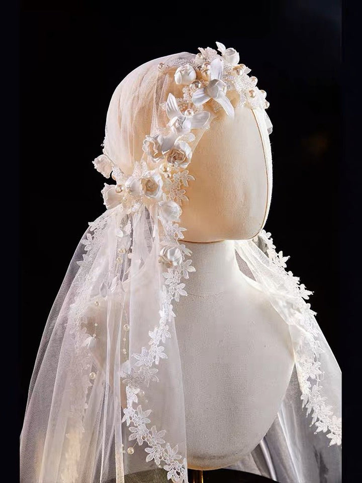 Vintage Long Wedding Lace Veils With Floral Headpieces - Antique Bridal Veil - WonderlandByLilian