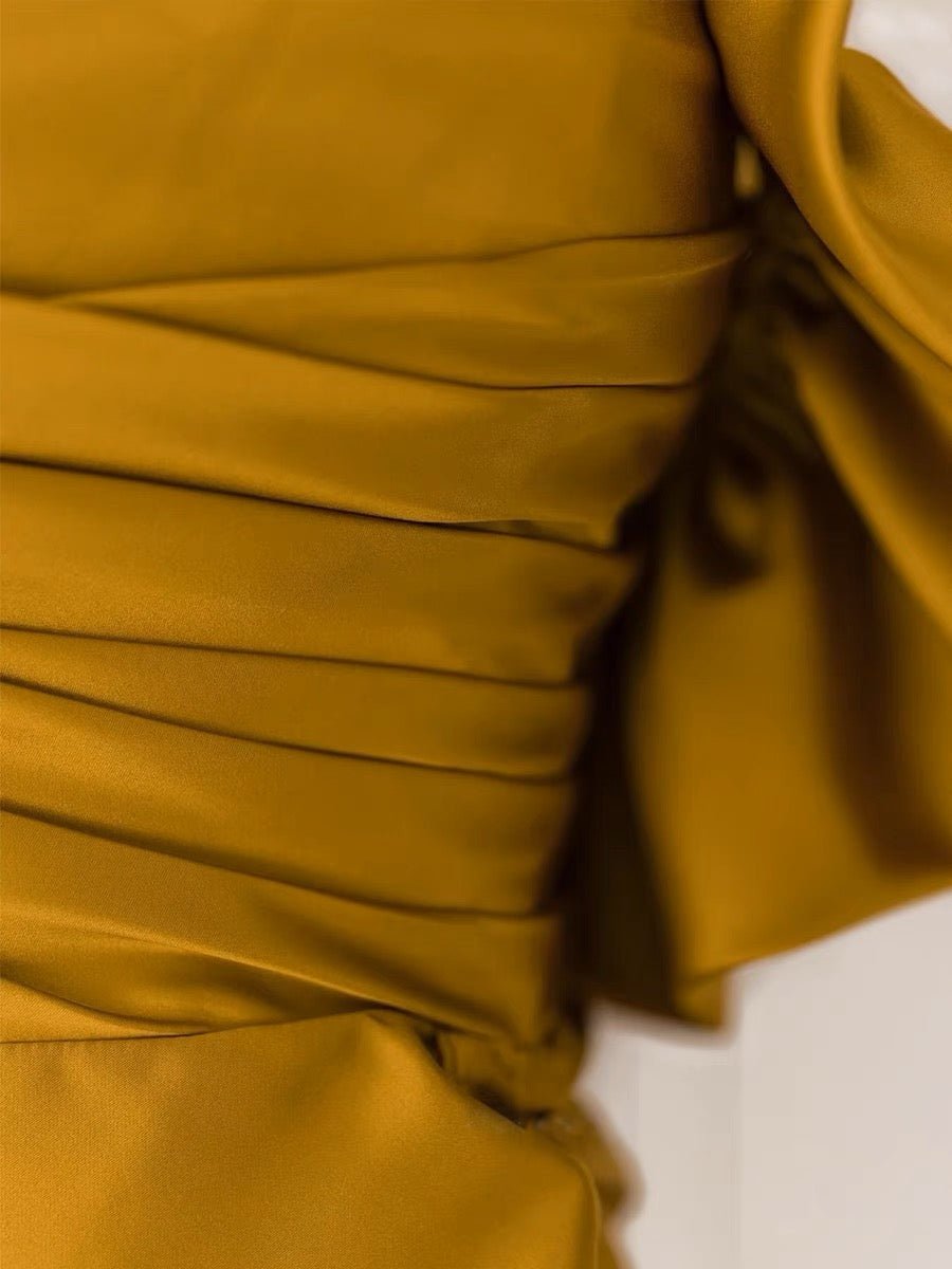 Vintage Off Shoulder Gold Satin Draped Evening Gown - Formal Dress Plus Size - WonderlandByLilian
