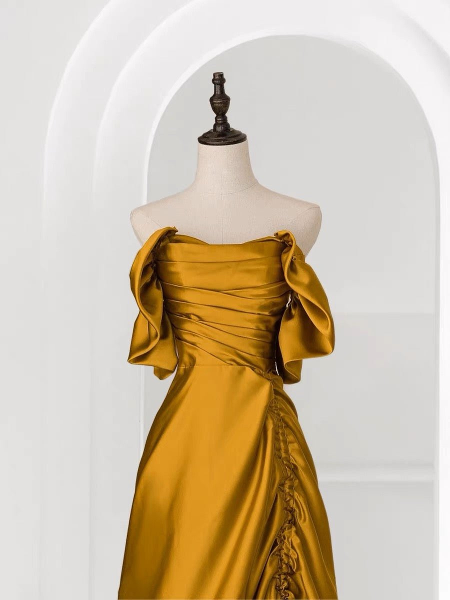 Vintage Off Shoulder Gold Satin Draped Evening Gown - Formal Dress Plus Size Size 2 / Gold Vintage Off Shoulder Gold Satin Draped Evening Gown - Formal Dress Plus Size Size 2 / Gold