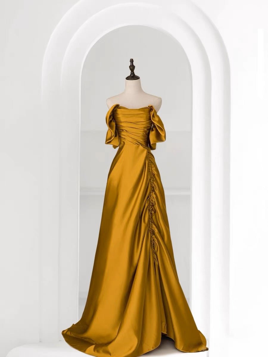 Vintage Off Shoulder Gold Satin Draped Evening Gown - Formal Dress Plus Size Size 2 / Gold Vintage Off Shoulder Gold Satin Draped Evening Gown - Formal Dress Plus Size Size 2 / Gold