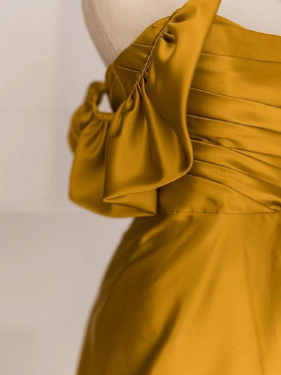 Vintage Off Shoulder Gold Satin Draped Evening Gown - Formal Dress Plus Size - WonderlandByLilian