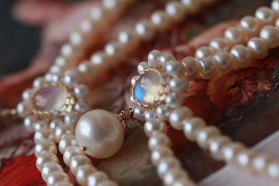 Vintage Regency Era Moonstone Pearl Necklace with - Freshwater Seedless - Victorian Gothic Bright Pearl Chocker Necklace - double Strand - WonderlandByLilian