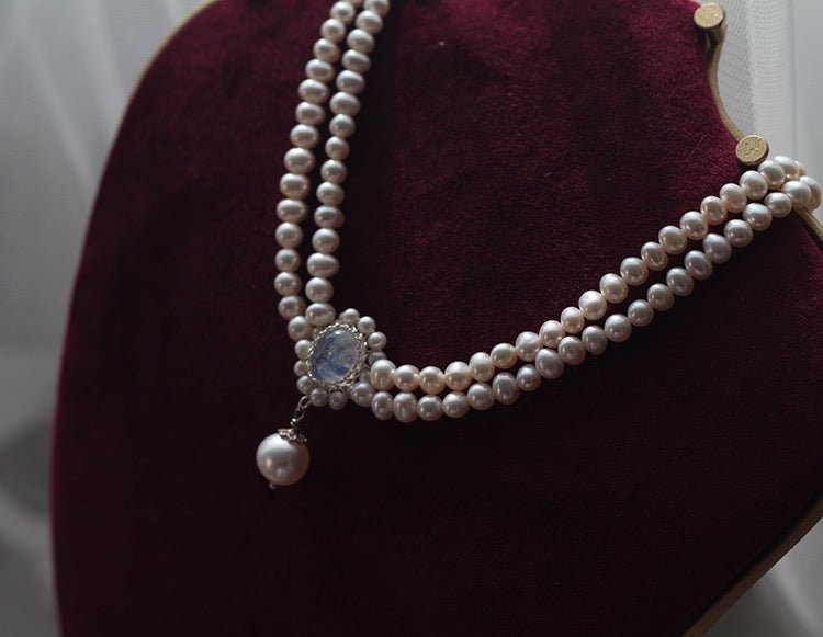 Vintage Regency Era Moonstone Pearl Necklace with - Freshwater Seedless - Victorian Gothic Bright Pearl Chocker Necklace - double Strand - WonderlandByLilian