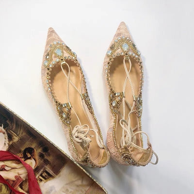Vintage Roma Style Regency Era Lace Pointed Pumps Heels Bridal Shoes Bridesmaid Flats - WonderlandByLilian