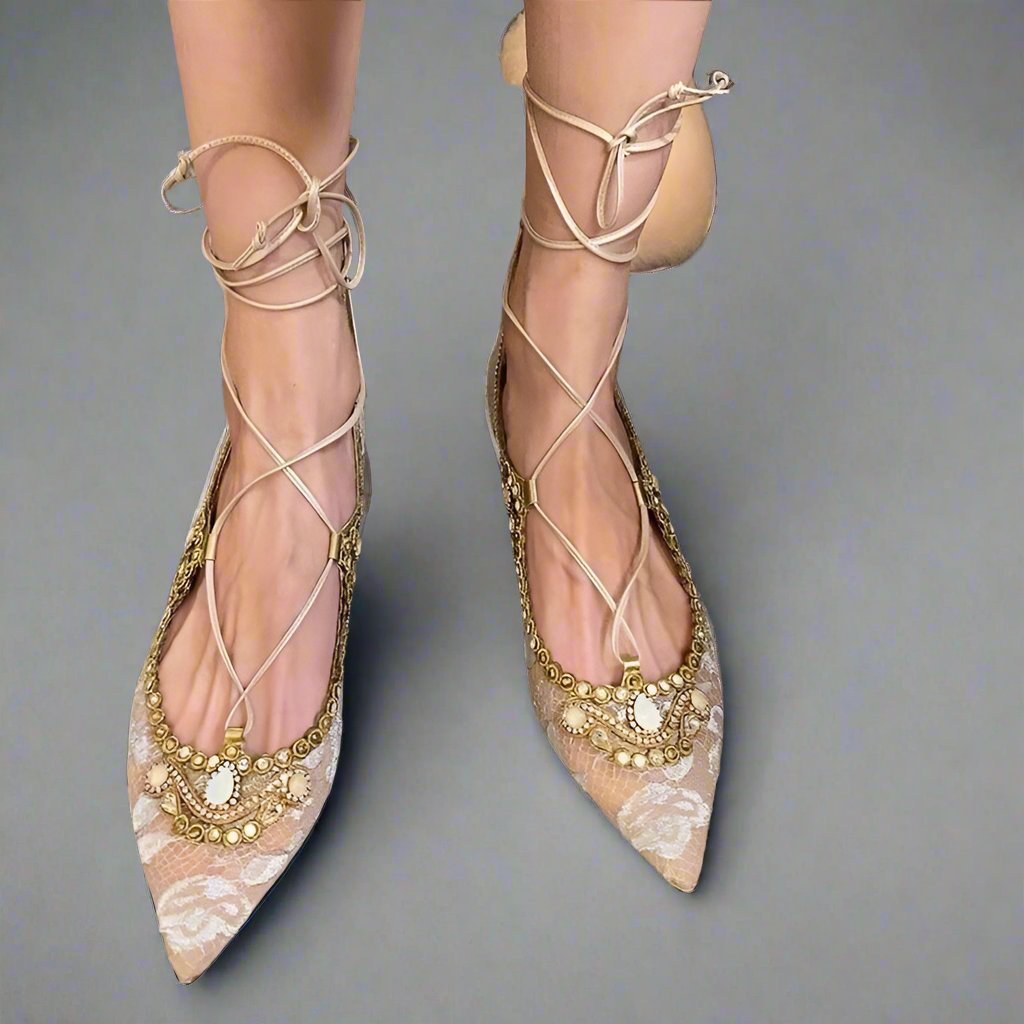 Vintage Roma Style Regency Era Lace Pointed Pumps Heels Bridal Shoes Bridesmaid Flats - WonderlandByLilian