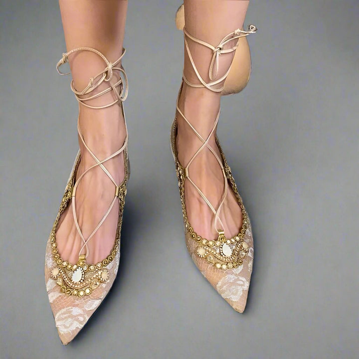 Vintage Roma Style Regency Era Lace Pointed Pumps Heels Bridal Shoes Bridesmaid Flats - WonderlandByLilian