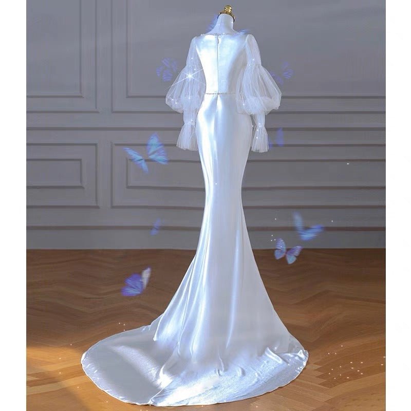 VINTAGE SATIN MERMAID WEDDING DRESS - WITH PUFF STATEMENT SLEEVES - PLUS SIZE - WonderlandByLilian