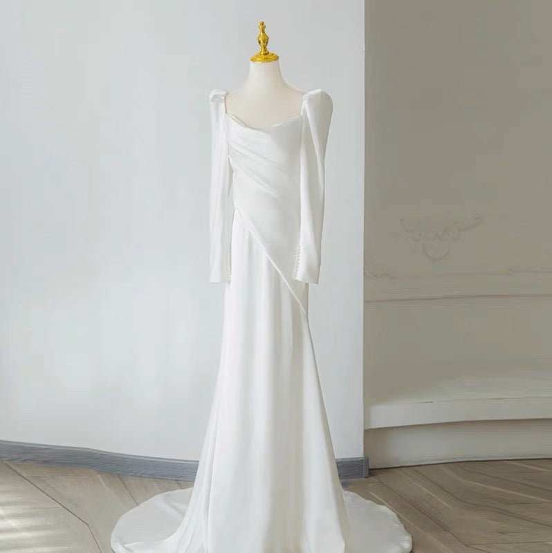 VINTAGE SATIN WEDDING DRESS WITH LONG SLEEVES - SIMPLE WEDDING DRESS PLUS SIZE - WonderlandByLilian