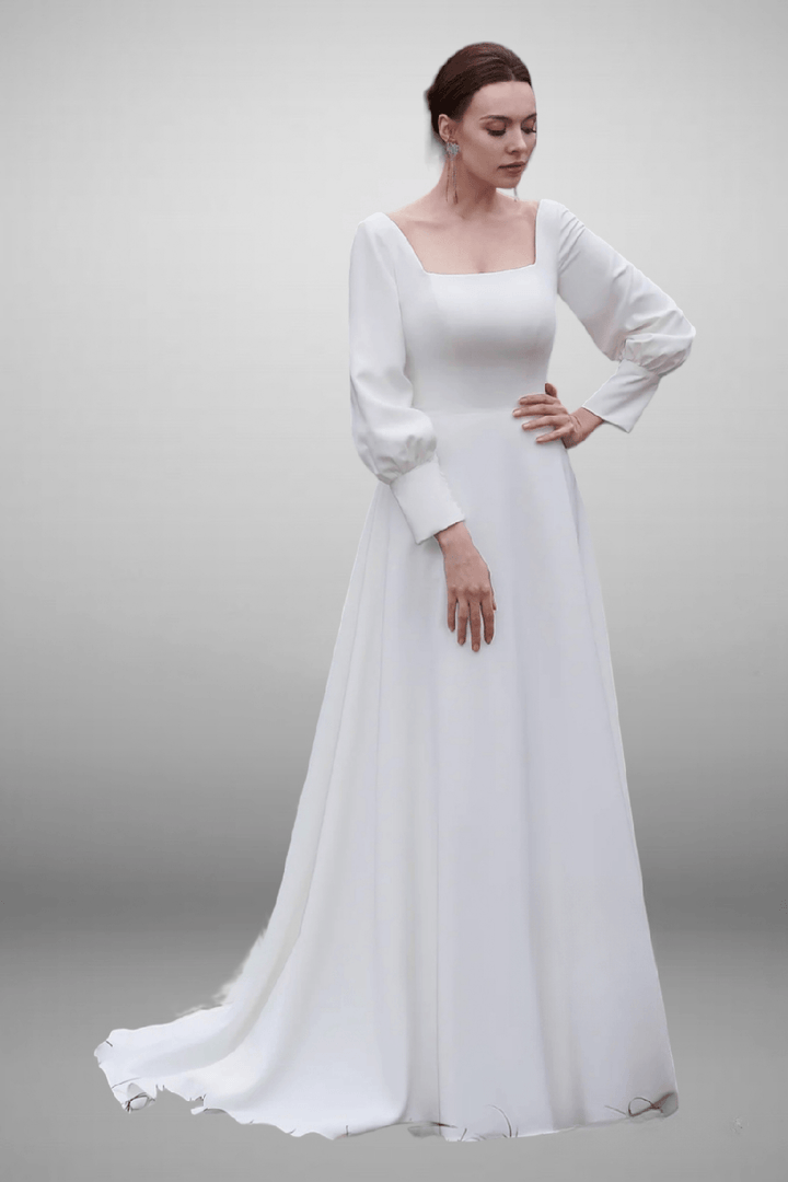 Vintage Simple Long Puff Sleeves A-Line Bateau Neckline Light Ivory Floor Length Bridal Gown - WonderlandByLilian