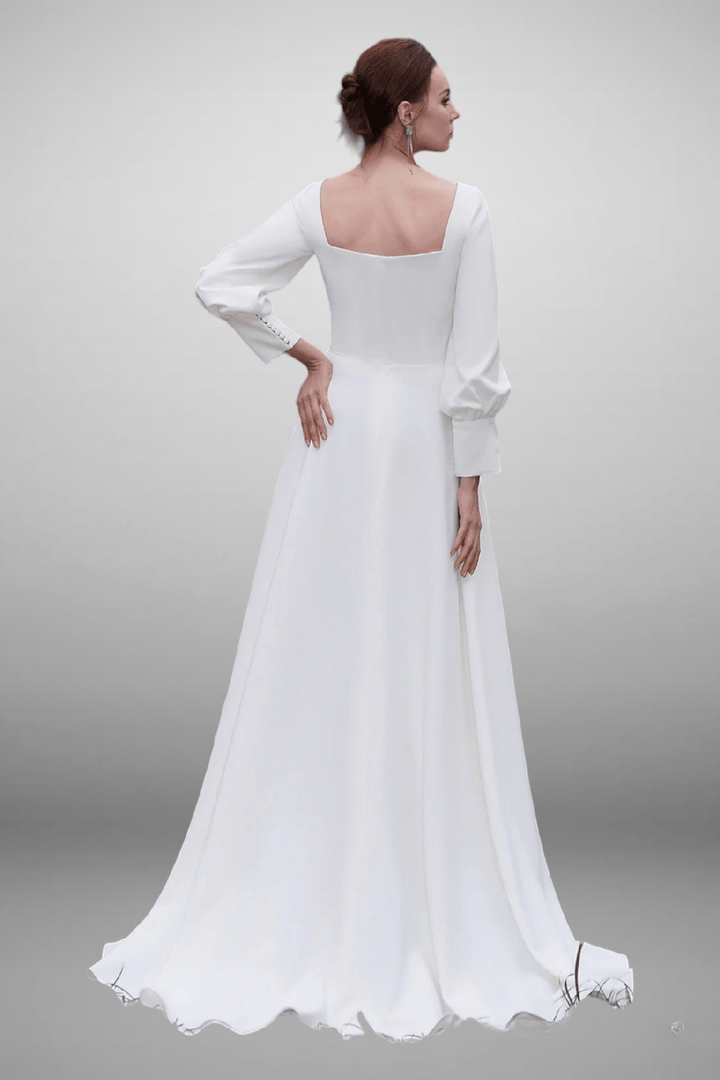 Vintage Simple Long Puff Sleeves A-Line Bateau Neckline Light Ivory Floor Length Bridal Gown - WonderlandByLilian