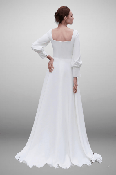 Vintage Simple Long Puff Sleeves A-Line Bateau Neckline Light Ivory Floor Length Bridal Gown - WonderlandByLilian
