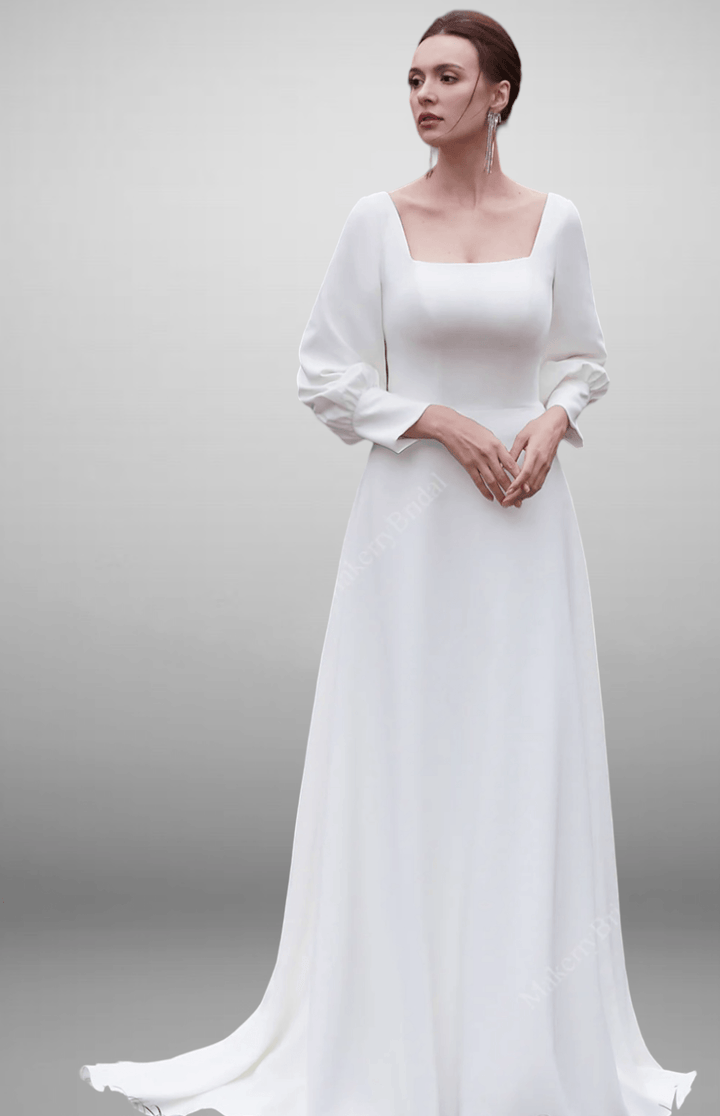 Vintage Simple Long Puff Sleeves A-Line Bateau Neckline Light Ivory Floor Length Bridal Gown - WonderlandByLilian