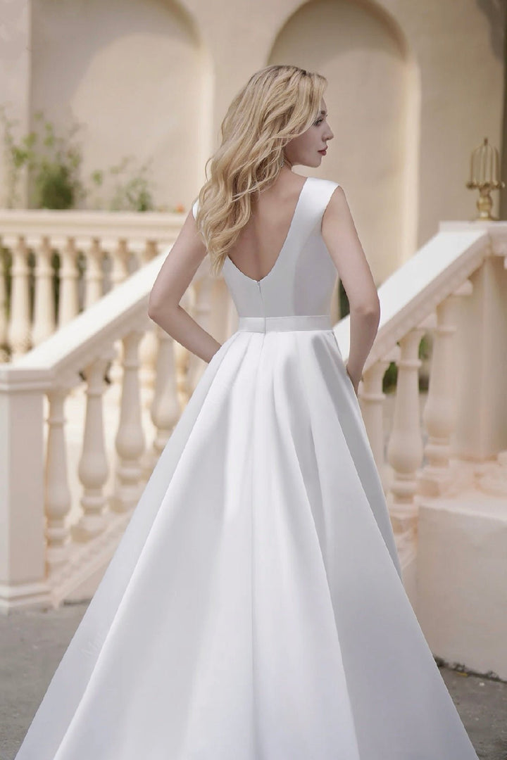 Vintage Simple Long Satin A-Line Light Ivory Wedding Dresses With Pockets - WonderlandByLilian